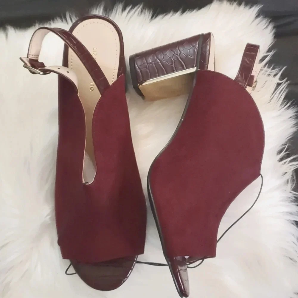 NEW Liz Claiborne Suede Like Burgundy,Gold and Textured Heel, Adjustable Buckle